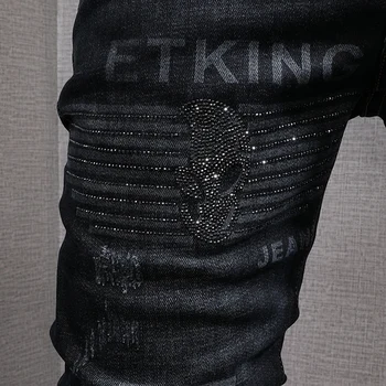 Mados Streetwear Vyrų Džinsai Vintage Black Juoda Slim Fit Spausdinti Kankina Džinsai Vyrams Kaukoles Dizaineris Hip-Hop Džinsinio Punk Kelnės