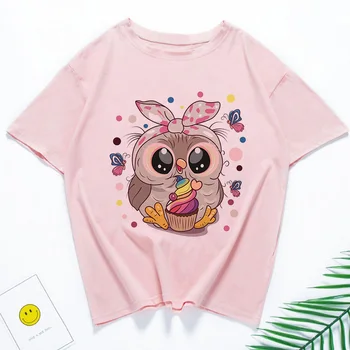 Mados Tendencija Nauja Rožinė T-shirt Mielas Pelėda Grafinis Atspausdintas Moterų Marškinėliai Atsitiktinis Harajuku Įgulos Kaklo Ponios Marškinėlius