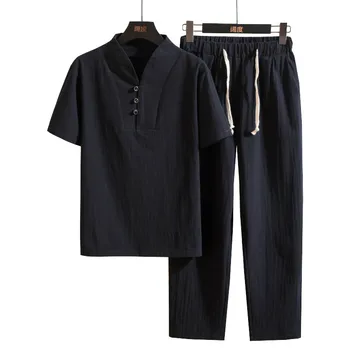(Marškinėliai + kelnės) 2021 m. vasarą vyrams marškinius Vyras Medvilnės ir lino marškiniai trumpomis rankovėmis vyriški laisvalaikio marškinėliai vyrams nustatyti drabužių M-5XL