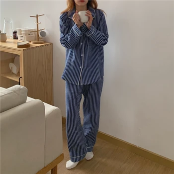 Medvilnės moterų dryžuota pižama nustatyti, ilgas rankovėmis namuose nustatyti moterų pavasario atsitiktinis vieno krūtinėmis kišenės sleepwear pjs 2vnt L187