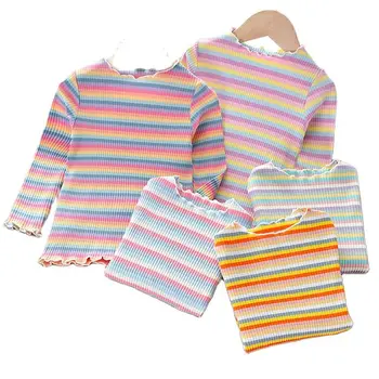 Mergaičių medvilnės dugno marškinėliai pavasario ir rudens vaivorykštė juostelės kūdikių ilgomis rankovėmis t-shirt vaikų viršuje P4134