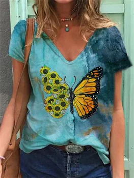 Mielas Drugelis Dragonfly Spausdinimas marškinėliai Moterims V Kaklo 2021 M. Vasaros Nauji Didelio Dydžio Megztinis Mados Marškinėlius Drabužių Ponios Tee
