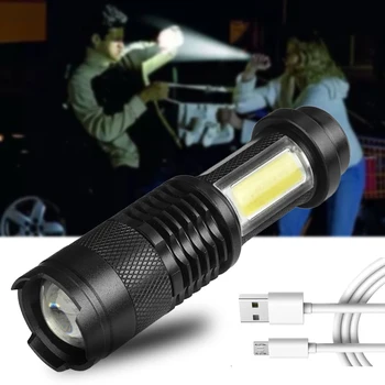 Mini LED Žibintuvėlis XP-G Q5 Pastatytas Baterija USB Įkrovimo COB Zoomable Vandeniui Žibintuvėlis Aliuminio Žibintai Kempingas