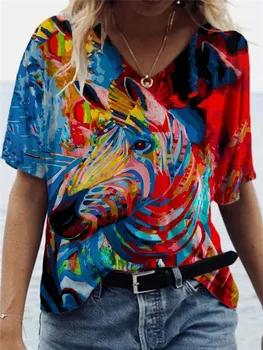 Moterų Abstrakčiai Spausdinti Viršūnes & T-Marškinėliai V-kaklo Atsitiktinis Trumpas Rankovėmis Plius Dydis Prarasti Fashion Palaidinė