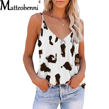 Moterų Mados Viršūnes Seksualus Rankovių Camisole V-Kaklo Leopard Print T-Shirt Palaidinė Cami Viršuje Ponios Megztinis 2021 M. Vasaros Paplūdimio Liemenė
