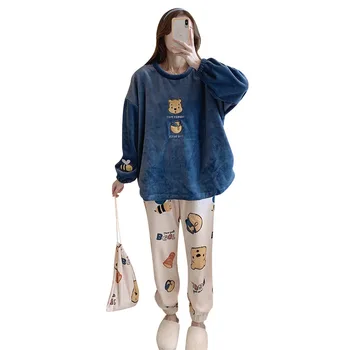 Moterų Pajama Nustatyti Šiltas Flanelė Pižama Sleepwear Homewear Storio Žiemos Aksomo Moterų Pliušinis Pižamos Kostiumas Palaidinukė