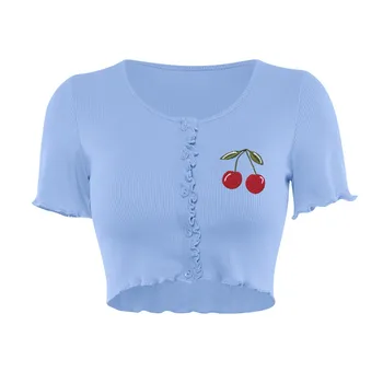 Moterų Trumpi Marškinėliai Topai y2k vientisos Spalvos V-Kaklo Briaunoti Apkarpytos Banguoti vyšnių aplikacija Trumpas Rankovėmis Mygtuką Trumpas Viršūnės T-shirt