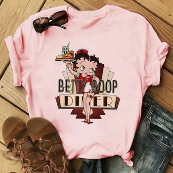 Moterų Vasaros Marškinėliai Moda Harajuku Betty Boop moteriški marškinėliai Derliaus Estetinės Spausdinti Rožinės spalvos Drabužius 