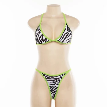 Moterų Zebras Spausdinti Rinkiniai Neoninė Žalia Bikini Rinkiniai, Paplūdimio Atostogų, Laisvalaikio Kostiumai Dviejų Dalių Seksualus Kostiumai Vasaros Camis Underpant Rinkiniai