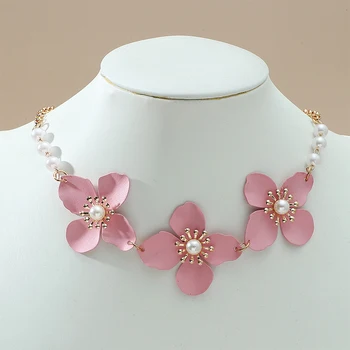 Naujas korėjos Aukso Pink Flower Daisy Perlai Clavicle Karoliai Moterų, Mergaičių Čekijos Vestuvės Juvelyrika Gėlių Pearl Priedų