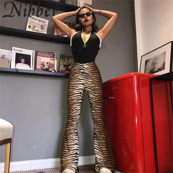 Nibber Moterų korėjos Mados Liesas Leopardas Spausdinti Bell-dugnas Vasaros Y2k Harajuku Aukšto Juosmens Ruožas Ilgas Kelnes Naujos Streetwear