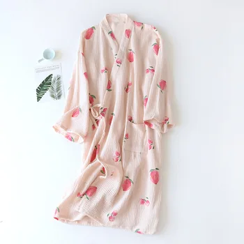 Pavasario / Rudens Nauja Japonų Kimono Chalatai ilgomis Rankovėmis Medvilnė Krepo Gazas Chalatas Purus ir Minkštas Peach Spausdinimo Housewear 2021
