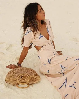 Pieno Skiautelėmis Bohemijos Vasaros Suknelė, Paplūdimio Stilių, V Kaklo Hollow-Out-line Megztinis trumpomis Rankovėmis Geometrinis Seksualus Maxi Suknelės 2021
