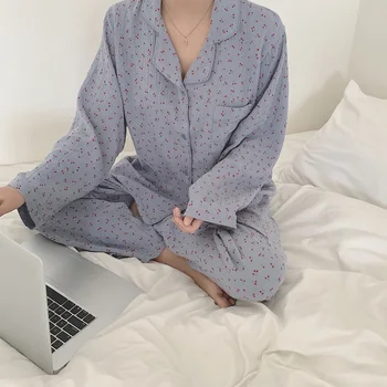 Ponios Sleepwear Dviejų Dalių Komplektas Vyšnių Spausdinimo Pižama Ilgomis Rankovėmis Marškinėliai+Kelnės Tinka Kišenėje Homewear Saldus Gėlių Naktiniai Drabužiai