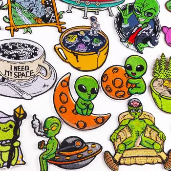 Prajna Svetimų Pleistras Kosmoso UFO Dėmės Ant Drabužių Lauko Nuotykius Pleistras Geležies Embroiderd Lopai Drabužių DIY Punk Ženkliukai
