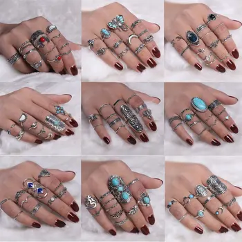 Retro Karka Žiedų Rinkinys Moterims Merginos Kristalų Geometrinis Piršto Žiedai Mados Bohemijos Vestuves Papuošalai, Aksesuarai