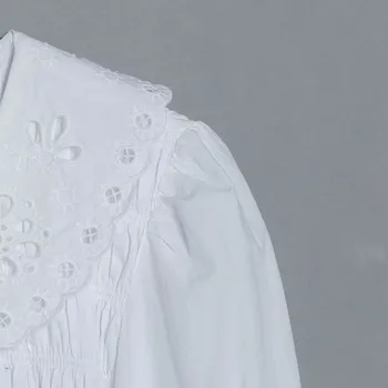 Rudenį, pavasarį mados sluoksniuotos rankovėmis peter pan apykaklės siuvinėjimo atgal mygtukai medvilnės palaidinė moterų atsitiktinis balti marškinėliai topai
