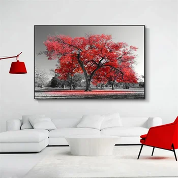 Rudenį Raudonas Medis Meno Drobė Spausdinti Tapybos Juoda Ir Balta Kraštovaizdžio Sienos Nuotrauka Kambarį Šiuolaikinių Namų Puošybai Plakatas