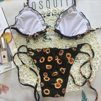 Seksualus Bikini Nustatyti maudymosi kostiumėlį Moteris Saulėgrąžų Spausdinti Tankini Brazilijos maudymosi Kostiumėliai, Dviejų dalių biquini string femme apatiniai купальник