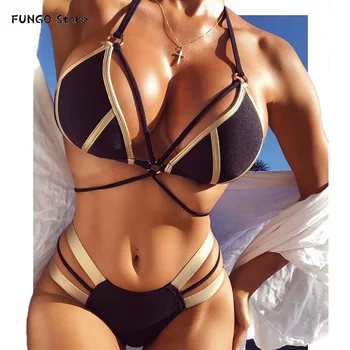 Seksualus Ekstremalių Tvarstis Bikini Nustatyti 2020 M. Mujer Naujas Aukso Juodos Blizgios Brazilijos Push Up Maudymosi Kostiumėlį Moteris Kamšalu Bandeau Maudymosi Kostiumėliai, Biquini