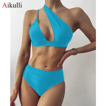 Seksualus Vieną Petį Bikini Moterims maudymosi kostiumėlį Aukšto Juosmens maudymosi Kostiumėliai, 2021 Summmer Brazilijos Bikini Komplektas vientisos spalvos Plaukti Maudymosi Kostiumas Naujas