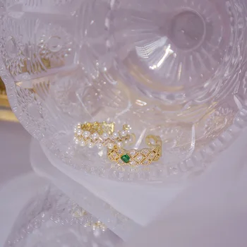 Subtilus Juvelyrikos 14K Aukso spalvos Reguliuojamo Kristalų Geometrinis Žiedai Moterims, Elegantiškas Cirkonis Perlas Sužadėtuvių Žiedai