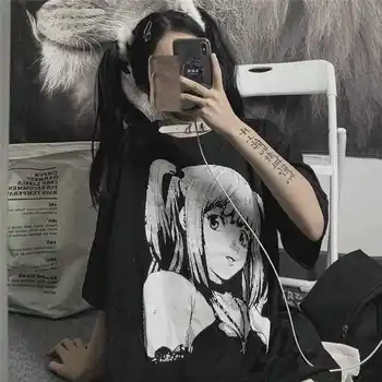 Tamsiai akademinės bendruomenės Gotikos E Mergina Drabužiai Laisvi T Shirts Harajuku Stiliaus Anime Marškinėlius Streetwear Moterų trumpomis Rankovėmis Moteris, T-shirt