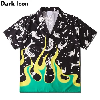 Tamsiai Piktogramą 2021 M. Vasarą Žalia Geltona Liepsna Žuvų Polo Marškinėliai Vyrams Derliaus Gatvė Vyrų Havajų Marškinėliai Vyras Drabužiai