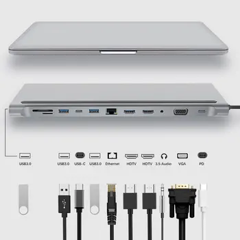 Tebe USB C Tipo Centru Dual 4k HDMI suderinamus USB3.0 USB2.0 Pd Įkrovimo VGA Audio jungtis RJ45 3.5 mm Su Adapteriu