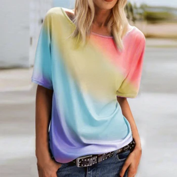 Tie-Dye Rainbow T-Shirt Moterims, Vasaros Trumpas Rankovės Įgulos Kaklo Spalvinga Atsitiktinis Tee Viršūnės S-XL Spalvotų Marškinėliai Ropa De Mujer