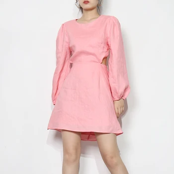 TWOTWINSTYLE Tuščiaviduriai Iš Rožinė Suknelė Moterims, O Kaklo, ilgomis Rankovėmis Aukštos Juosmens Mini Suknelės Moterų Mados Naują Drabužių Stiliaus 2021