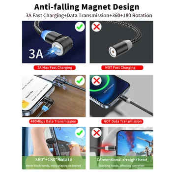 USLION 540 Pasukti Magnetinio Kabelis 3A Greito Įkrovimo Tipas C Micro USB C Magnetas Įkroviklis iPhone 11 12 Xiaomi 