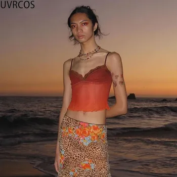 UVRCOS Seksualių Moterų Berankovis Camisole Y2K Apkarpyti Viršūnes Naujas Vasaros Nėriniai Akių Matyti Per Backless Vest Beach Party Slim Lady T-Shirt