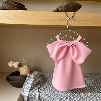 Vaikams Iki 2021 M. Vasarą Naujų Sweet Pink Vientisos Spalvos Mergaitėms Oro Medvilnės Princesė Mados Suknelės Bamblys Kūdikių Bowtie Suspender Suknelė
