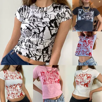 Vasaros 2021 Naujas Y2K Seksualus Abstrakčiai Pasėlių Viršuje Harajuku Streetwear Ranka-Dažytos trumpomis Rankovėmis T-Shirt Mados moteriški Drabužiai Tees
