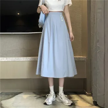 Vasaros Kietas Klostuotas Sijonas Aukštu Juosmeniu Sagos Geltona Mėlyna Balta Ilgi Sijonai Moterims Korėjos Atsitiktinis Laukinių A Linijos Sijonai Streetwear