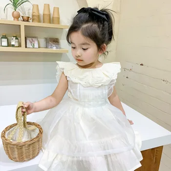 Vasaros Naują Atvykimo korėjos stiliaus medvilnės gryna spalva saldus rankovių princesė suknelė su nugaros diržas mielas kūdikis mergaitės