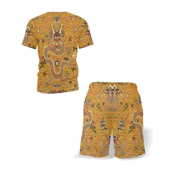 Vasaros vyrų rinkiniai, T-marškinėliai + šortai 2 naujas Kinų stiliaus trumparankoviai retro sporto top kostiumas 3D spausdinimo dragon modelio šortai