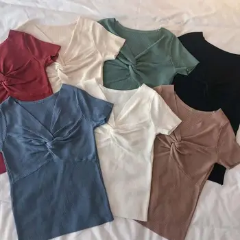Vientisos Spalvos Marškinėliai Moterims 2021 M. Vasarą trumpomis Rankovėmis, Plonas Megztas Pasėlių Viršuje Moterims Seksualus V-kaklo Cross Wrap Viršūnes Femme T-Shirts
