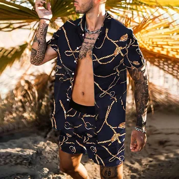Vyriški Havajų Marškinėliai Šortai Spausdinimo Rinkiniai 2021 M. Vasarą trumpomis Rankovėmis Mygtuką Marškinėliai Paplūdimio Šortai Streetwear Kietas Mens Kostiumas 2 Gabalas