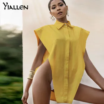 Yiallen 2021Summer Naujos Palaidinės Moteris Atvartas, Seksualus, be Rankovių Pusėje Tuščiaviduriai Mygtuką Viršūnes Atsitiktinis Mados Streetwear Moterų Marškinėliai