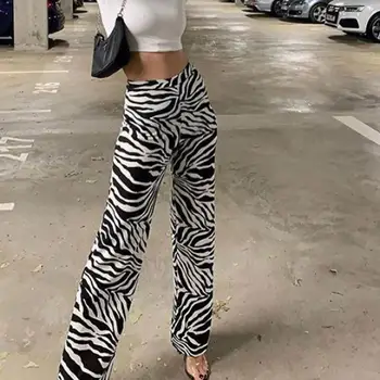 Zebras Spausdinti Pločio Kojų Kelnės E-mergina, Seksuali Aukšto Juosmens Derliaus Moterų Y2K Mados Atsitiktinis Moterų Hip-Hop Kelnės Estetinės Streetwear