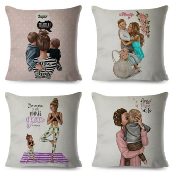 ZENGIA Black Brown Baby Mom Queen Pillow Case Linen 45*45 Cartoon Girl Cushion Cover for Sofa Home Throw Pillowcase Mother's Day