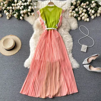 Šifono suknelė moterų vasaros suknelė 2021 naujo dizaino prasme spalvų atitikimo susiėmę plonas ilgas klostuotas atostogų sijonas