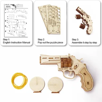 Žaislas Revolver Gumos Juosta Ginklą Mediniai Modelio Rinkinio 3D Dėlionės Berniukas Paauglių Kūrybinio Fotografavimo Blokuoti Savęs Surinkimas Gimtadienio Dovanos