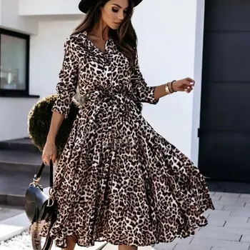 Žiemos Atsitiktinis Leopardas Spausdinti Maxi Suknelė Moterims Plonas Nėrinių Mygtuką Ilgomis Rankovėmis Vidurio Blauzdos Šalis Suknelės Moterų 2020 M. Mados Vestidos