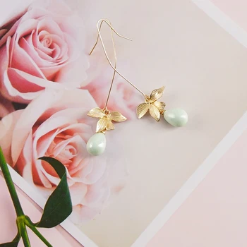 1 Pora Gėlė Dirbtinė Orchidėja Žalia Perlų Nėrimo Kabliuko Kabančios Moterų Mados Bohemiškas Stilius Aukso Dnagle Auskarų Vėrimo Papuošalai