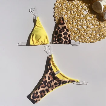 2019 Sexy Diržas Geltonas, Leopardas spausdinimui Sudurti Bikini Nustatyti, maudymosi Kostiumėliai, Moteriški Paplūdimio Biquinis Skaidrus Mikro bikinis Push Up maudymosi kostiumėlį