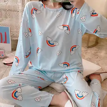 2021 m. pavasarį Pižama ilgomis Rankovėmis Nustatyti Mielas animacinių filmų mergina Laisvalaikio Sleepwear Kostiumas 3Pcs naktiniai drabužiai Moterims Sleepwear Ilgai Ziajać Audinio Maišelis
