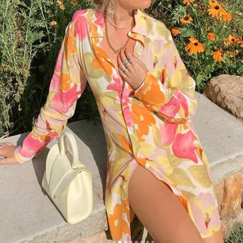 2021 M. Vasarą Ponios Temperamentas Marškinėliai Suknelė Moterims Laisvalaikio Stiliaus Gėlių Spausdinti/Spalvų Atitikimo Atvartas Ilgomis Rankovėmis Mini Sijonas